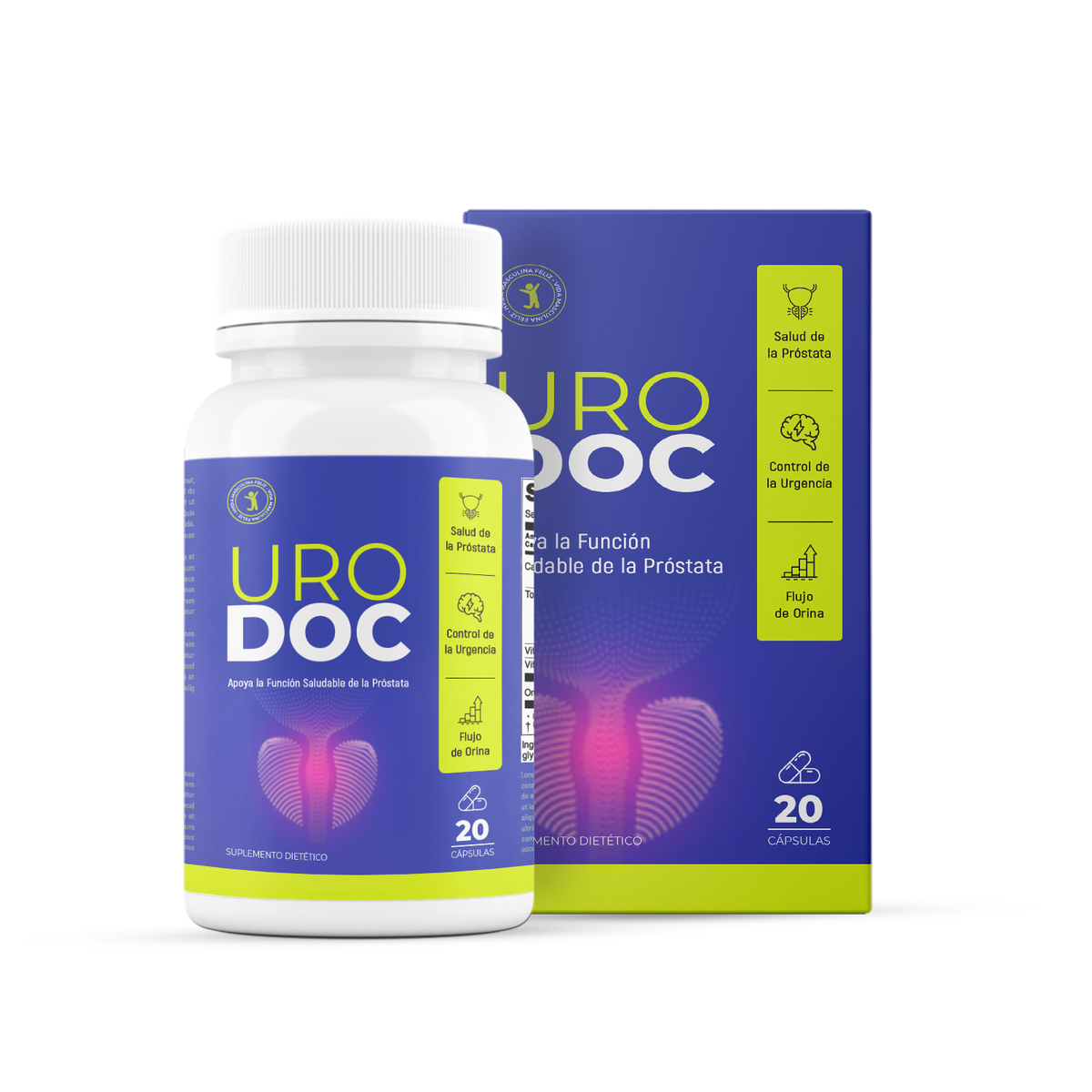 Empaque de UroDoc con frasco y caja